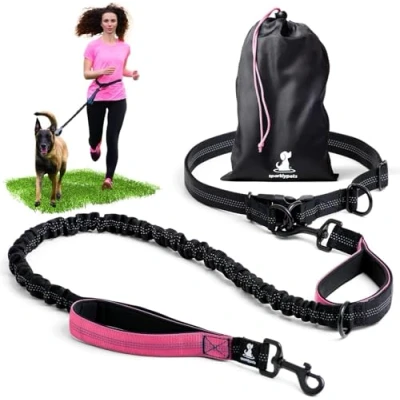 Imagen de SparklyPets Correa Manos Libres para Perros de Raza Mediana y Grande, arnés Profesional con Costuras Reflectantes, Entrenar, Caminar, Trotar Correr tu Mascota (Rosa, 1 Perro)