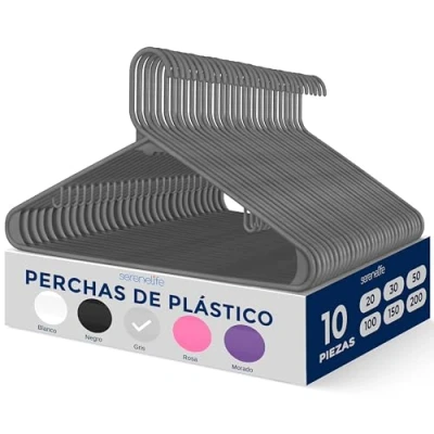 Imagen de SereneLife Juego de 10 Perchas plástico, Antideslizantes, Resistentes, con Gancho Giratorio 360, Acabado Suave para Proteger la Tela, Ligeras y ultrafinas Abrigos Otras Prendas