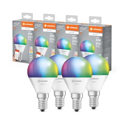 Imagen de LEDVANCE Lámpara LED SMART+ MATTER, compatible con Google, Alexa, Apple, acabado esmerilado, 4,9W, 470lm, base E14, función RGBW, luz blanca, control por app o voz, vida útil de hasta 20.000 horas