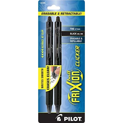 Imagen de Pilot FriXion Clicker Bolígrafos de tinta gel borrables, recargables y retráctiles, punta fina, negra, paquete 2 (31460)