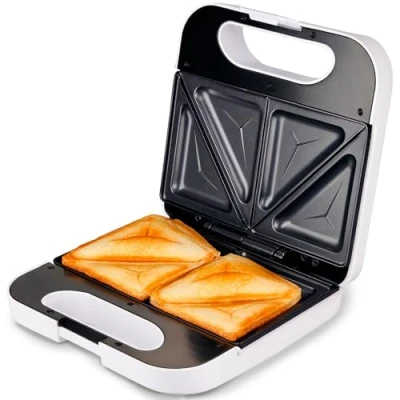 Imagen de Grunkel Sandwichera con Grill para 2 sandwiches corte. Superficie antideslizante y antiadherente de 750W potencia tacto frío (Corte Cuadrado Blanca)
