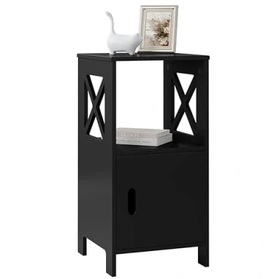 Imagen de WOLTU Mesita de Noche Negra, Mesilla Dormitorio para Almacenar, Auxiliar con Compartimento Abierto y Gabinete Puerta, Mesa Lateral Sofa o Cama, 30x30x60 cm