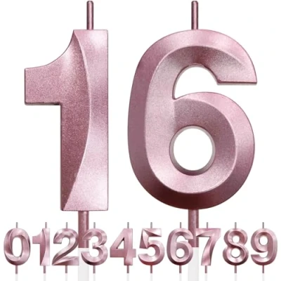 Imagen de 16th Vela de Cumpleaños con Purpurina oro rosa y Diseño 3D Número 16, Velas Números, Decoración Tarta, Tarta para Fiesta Cumpleaños, Aniversario Boda,
