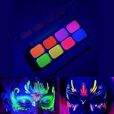 Imagen de pintura de luz negra maquillaje uv, sombras ojos paleta colores neón, brillante en la oscuridad cara neon 8