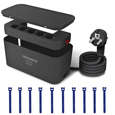 Imagen de Regletas Enchufes con Caja Organizadora de Cables, USB 5 Tomas y 3 USB, Regleta Proteccion Sobretension (2500W) Interruptor, 2M Cable, 29.5 * 14 14.1CM, Negro