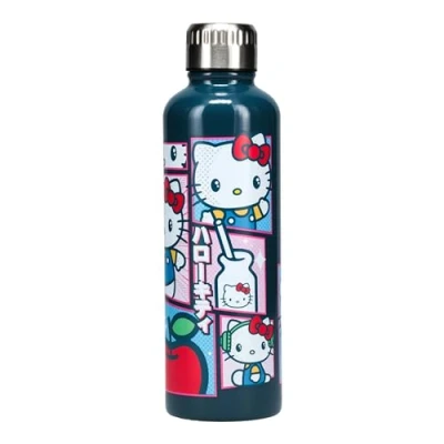 Imagen de Paladone Hello Kitty Botella de agua metal colorida rosa y azul con licencia oficial Sanrio, vaso viaje a prueba fugas, compatible portavasos estándar, regalo decoración oficina