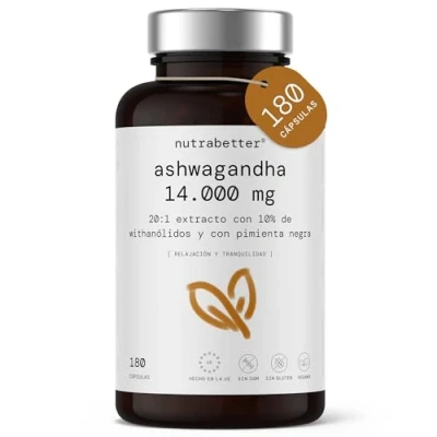 Imagen de Ashwagandha 14000mg de concentración 20:1 del extracto raíz Withania Somnifera 10% Withanólidos 180 Cápsulas Veganas con Pimienta Negra Ginseng Indio Bienestar tradición ayurvédica