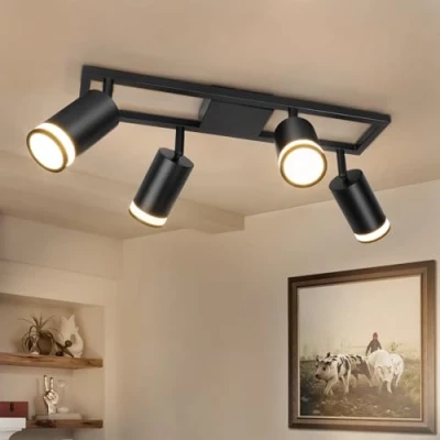 Imagen de Dehobo Lámpara de Techo 4 Focos Giratorios GU10, Pared Interior LED Negro Orientables, Foco para Iluminación Dormitorio Pasillo Cocina Comedor, Sin Bombilla