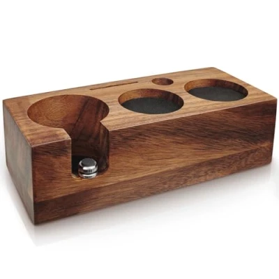 Imagen de HOLIHOKY estación de tamping 58 mm, soporte portafiltros nogal, para accesorios barista, café madera con cojín silicona, altura ajustable