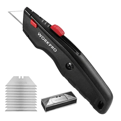Imagen de WORKPRO Cutter Profesional, Cúter Universal, Cortador Profesional con Mango de Aluminio Antideslizante, Cuchillo 10 Cuchillas Adicionales, Negro
