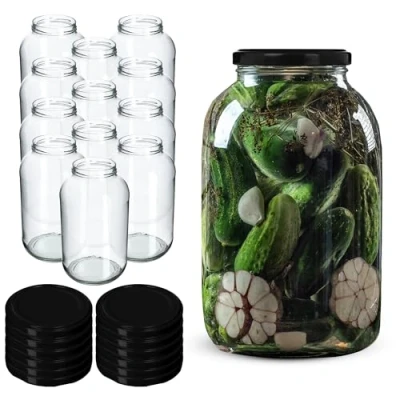 Imagen de KADAX tarros de conservas 4 L, fi100 mm, para conservas, redondos, pepino, (12 unidades, tapa negra)