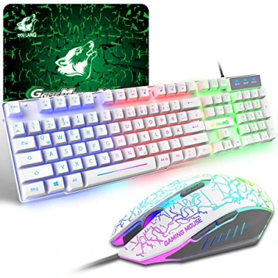 Imagen de Teclado y Ratón Gaming, 104 Teclas Retroiluminación del Arco Iris LED QWERTZ Teclado, 6 Botones 2400 dpi Alfombrilla de Ratón, Cable USB Compatible con PS4, Xbox(Necesita Adaptador) Negro