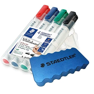 Imagen de Staedtler Lumocolor 351 WP4 Rotuladores para pizarra blanca, punta redonda, estuche con 4 colores (con esponja juego de rotuladores, 2 unidades)