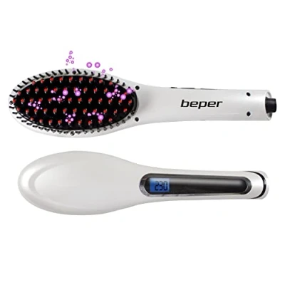 Imagen de BEPER 40.926 Cepillo alisador 2 en 1 Cerámica, Tecnología iónica, Pantalla LCD, Temperatura ajustable, Cable giratorio de 360 , Cabello sedoso sin frizz, blanco