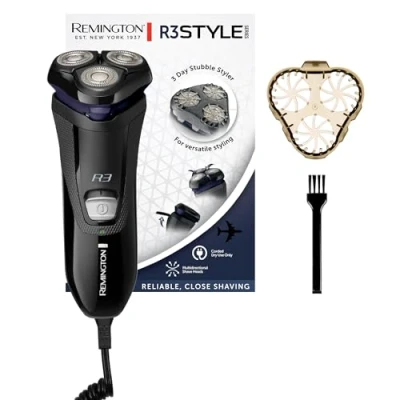 Imagen de Remington Afeitadora Rotativa Style Series con Accesorio para Barba de Pocos Días Máquina Afeitar Cable, Cabezal Pivotante, Cortapatillas, Indicador LED Encendido R3002