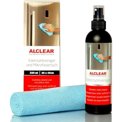 Imagen de ALCLEAR 721ER Limpiador profesional de acero inoxidable 250 ml y paño microfibra, limpia sin rayas, contra la suciedad, las huellas dactilares grasa