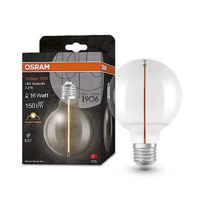 Imagen de OSRAM Lámpara LED Vintage 1906 Classic Globe95 FIL, E27, esférica, transparente, 2.2W, 150lm, 2700K, luz blanca cálida, optimo consumo de energía, larga vida, filamento magnético