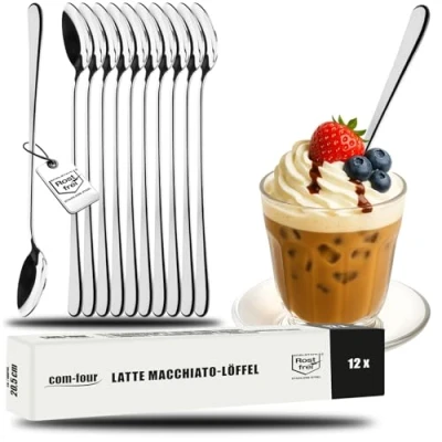 Imagen de com four® 12 Cucharas para Latte Macchiato de acero inoxidable bar bebidas largas café (12 piezas 20.5cm)