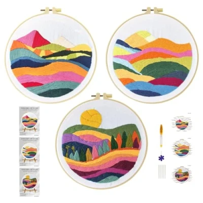 Imagen de Xinpinzhou 3pcs Kit Bordado Principiante, Patrones para Bordar a Mano con Hilos y Telas Paisaje de Montaña, Embroidery Set Punto Cruz Niños Inicio Manualidades Adultos