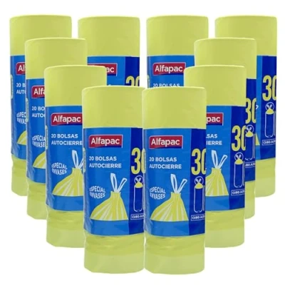 Imagen de 10 rollos de 20 bolsas basura (200 bolsas) autocierre 30 L. capacidad especiales envases y cubos altos 50x75 cms
