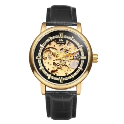 Imagen de JewelryWe Reloj Mecánico Automático Hombre: Redondo Empresa Resistente al Agua para Caballero Correa de Cuero Auténtico Escala Barra Ocio Negocios Regalos