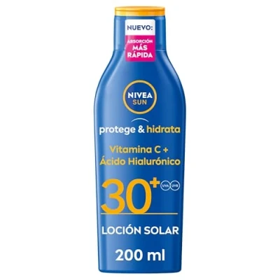 Imagen de NIVEA SUN Protege &amp; Hidrata Leche solar FP30 (1 x 200 ml), protector hidratante y resistente al agua con protección UVA/UVB, alta