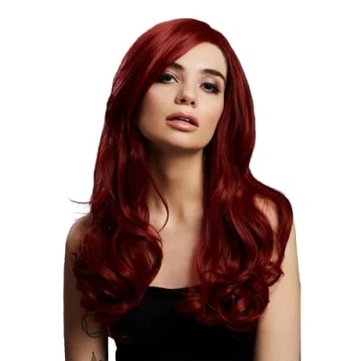 Imagen de Smiffys Peluca Fever Khloe, mezcla auténtica, Rojo rubí, Largo ondulado con raya en el centro, 56cm/22in