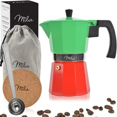 Imagen de Milu Cafetera Italiana (sin inducción) 2, 3, 6, 9 Tazas Moka de Aluminio, Expresso Maker Set comprensivo di sottobicchiere, cucchiaio, spazzola (Italia, tazze (400ml)