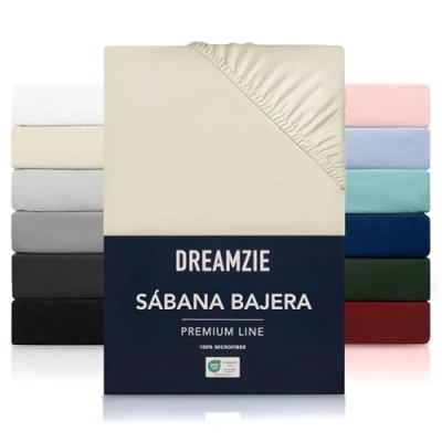 Imagen de Dreamzie Sabanas 180x200 cm Grandes Solapas de hasta 33 100% Microfibra Beige Certificada sin Productos Químicos (Oeko Tex), bajeras Completamente Elásticas