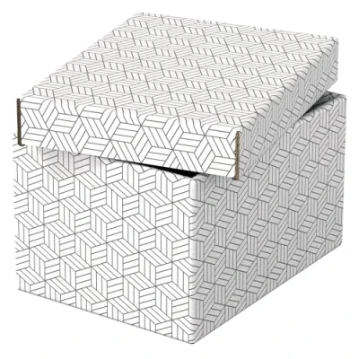 Imagen de Esselte Caja Pequeña de Cartón para Almacenaje y Regalos con Tapa, Pack 3, la Oficina, Casa Regalos, 100% Reciclado, Reciclable, Diseño Geométrico, Blanco, 628280