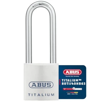 Imagen de ABUS candado Titalium 80TI/40HB63 con grillete alto de sótano cuerpo ligero y sólido aluminio especial nivel seguridad 6 plateado