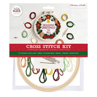 Imagen de Simply MAKE kit de punto cruz, diseño corona Navidad para niños y adultos, incluye aro, hilo bordar, tela aguja, perfecto manualidades adultos principiantes,
