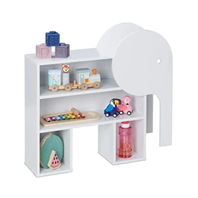 Imagen de Relaxdays Estantería Infantil Forma Elefante, 4 Baldas, 60,5 x 64,5 20,5 cm, Librería y Organizador Juguetes, Blanco, Tablero de Fibras