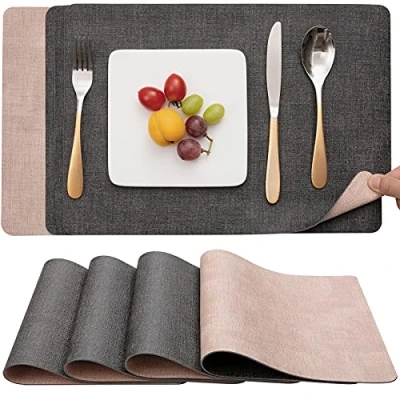 Imagen de Myir JUN Manteles Individuales Plastico, Salvamanteles Antimanchas Lavables de Cuero, Antideslizantes Ipermeable Facil Limpiar Mantel Individual (Juego 4, Gris/Rosa)