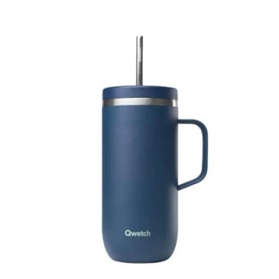 Imagen de QWETCH Cold Cup 600 ml con mango y pajita 24 h helado 12 frío Botella isotérmica de acero inoxidable, sin BPA, taza termo café