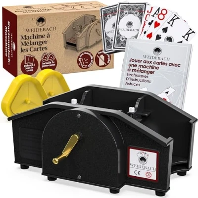 Imagen de WEIDEBACH®: mezcladora de cartas negra con manivela dorada para todos los juegos estándar, 2 barajas y repuesto, dispositivo mezclado car