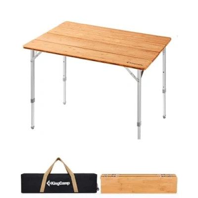 Imagen de KingCamp Mesa Plegable de Bambú 4 Pliegues Altura Ajustable,Recubrimiento Anti UV, para 2 6 Personas Camping Portátil Jardín Barbacoa Picnic