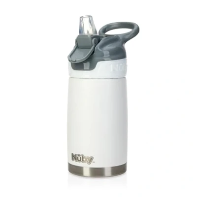 Imagen de Nuby Taza de viaje o botella agua Thirsty Kids, acero inoxidable, con efecto antiderrame, diseño Flip It Reflex, 10 onzas, para mayores 18 meses, color blanco