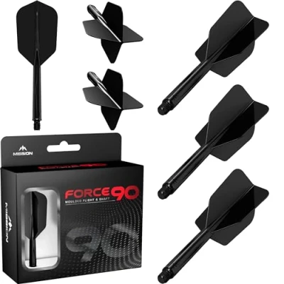 Imagen de Mission Darts Force 90 Sistema integrado de vuelo y eje dardos moldeado precisión, paquete 3 plumas tallos combinados profesionales altamente duraderos 2 en 1 Delgado (negro, corto)