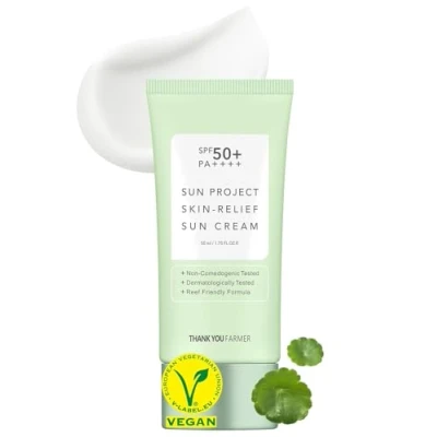 Imagen de THANKYOU FARMER Sun Project Skin Relief Cream SPF50+ PA++++ (50ml) Face Sunscreen no comédogénico para piel sensible, pantalla solar coreana cara, tamaño de viaje segura