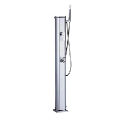 Imagen de Formidra ducha solar Jolly Go 20L DS JG141NX exterior de aluminio con extraíble, mezclador y enjuague patas Compacta elegante Acero inoxidable 24 x 26 120 cm