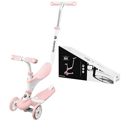 Imagen de HyperMotion Patinete infantil de 1 a 5 años, triciclo bebé escalable modular en 1, con empuje ajustable, reposapies, asiento, manillar color rosa
