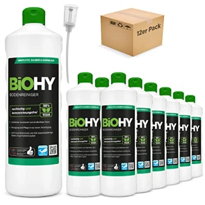Imagen de BiOHY Limpiador de suelo (12 botellas 1 litro) + Dosificador Concentrado para todos los aparatos limpieza y suelos duros (Bodenreiniger)