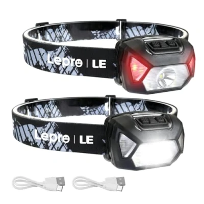 Imagen de LE Linterna Frontal LED Recargable 2000lux (2 Pack), Cabeza USB D500, 6 Modos de Luz con Rojo, Impermeable IPX4, para Correr, Camping, Excursión, Pesca