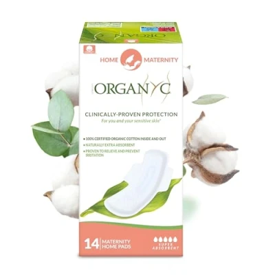 Imagen de ORGANYC compresas postparto, grandes y cómodas para días de flujo medio, fabricadas con algodón orgánico certificado