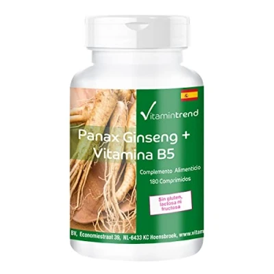 Imagen de Panax Ginseng + Vitamina B5 Ácido pantoténico 190 mg 600 Rojo Coreano por dosis diaria 180 Comprimidos Vegano Alta Vitamintrend®