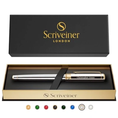 Imagen de Scriveiner pluma Roller personalizada cromada plateada: de lujo con acabado en oro 24K, recarga tinta Schmidt, regalo grabado ideal para hombres y mujeres, personalizado