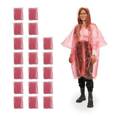 Imagen de Relaxdays Pack 20 Chubasqueros Desechables, Ponchos de Lluvia con Capucha, Chaquetas Antilluvia Emergencia, Unisex, Rojo, 123 x 125 cm