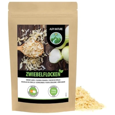 Imagen de cebolla seca en hojuelas (250g), cortada 5 30mm, trozos, y picada, producto natural, libre de aditivos, ideal para verduras, pastas, sopas, carnes pescados
