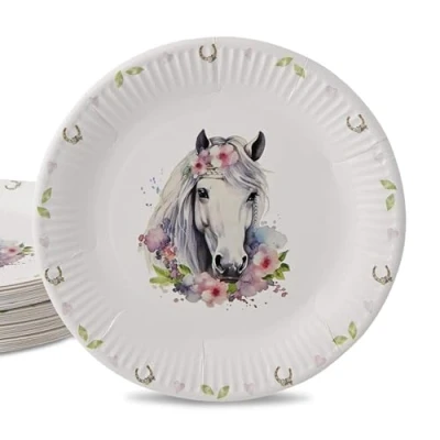 Imagen de GREENBOX 8 platos de papel para cumpleaños infantiles, diseño caballo, 23 cm, sin plástico, vajilla desechable
